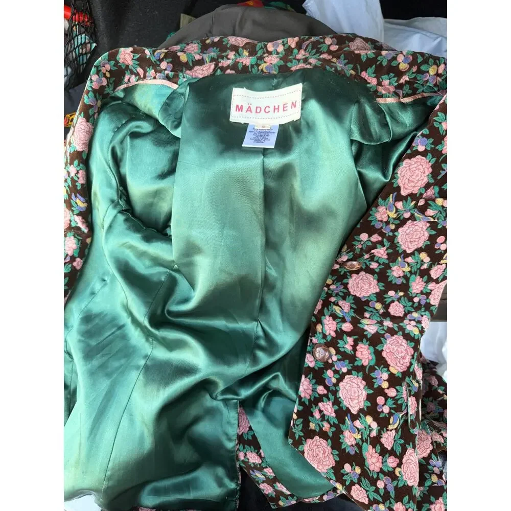 Madchen Women's Floral Blazer Pink Rose Print Fitted Button Front Size Small